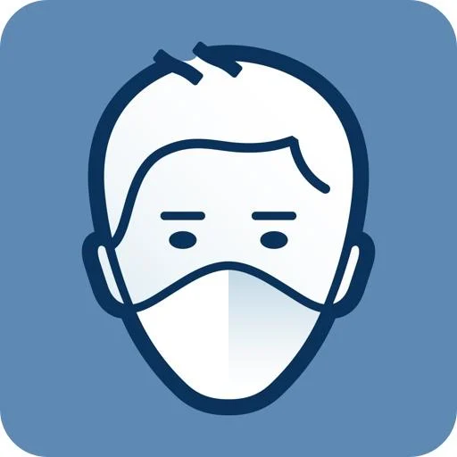 Airvisual app logo, men wearing a mask with blue background